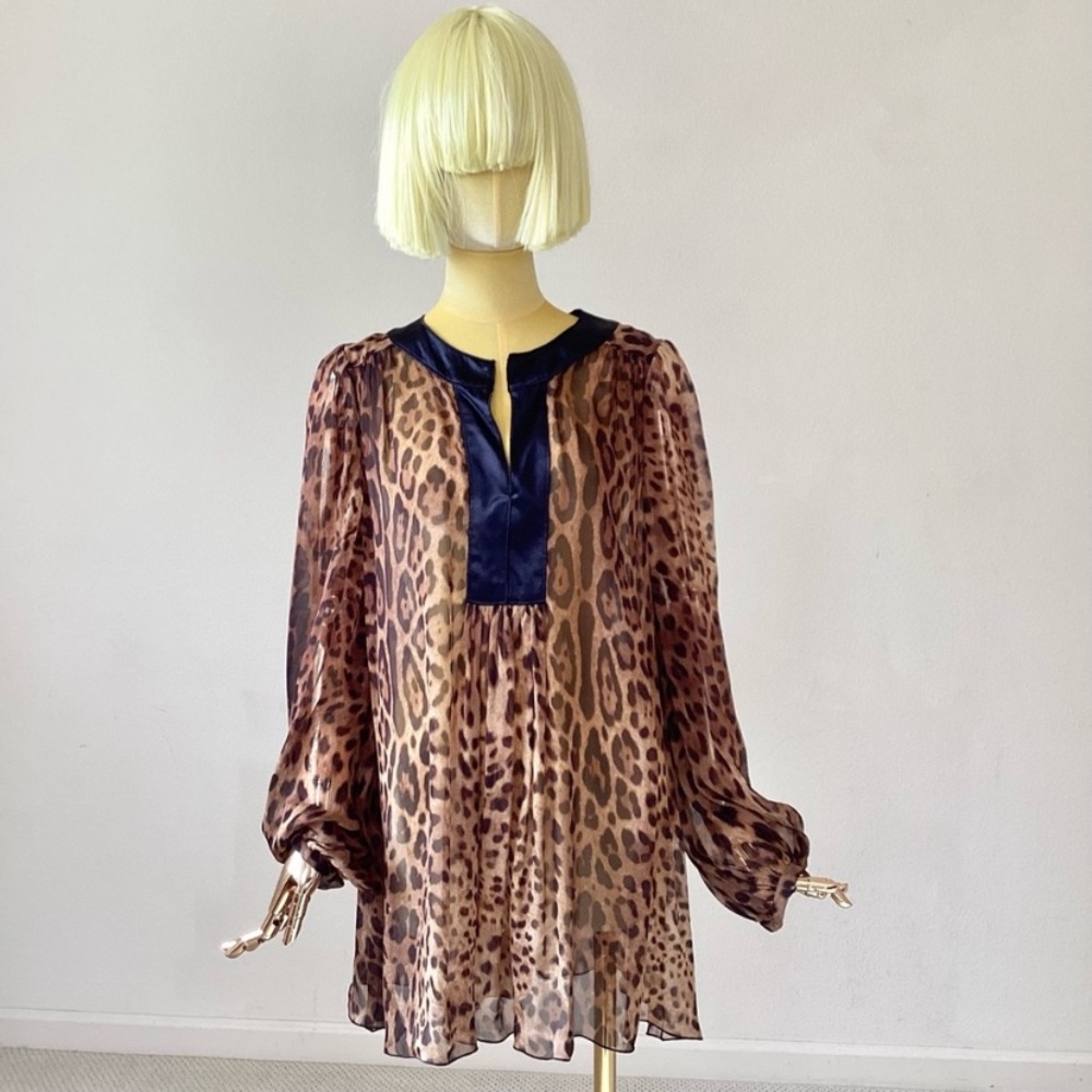 Dolce & Gabbana Brown and Black Leopard Print Silk Blouse